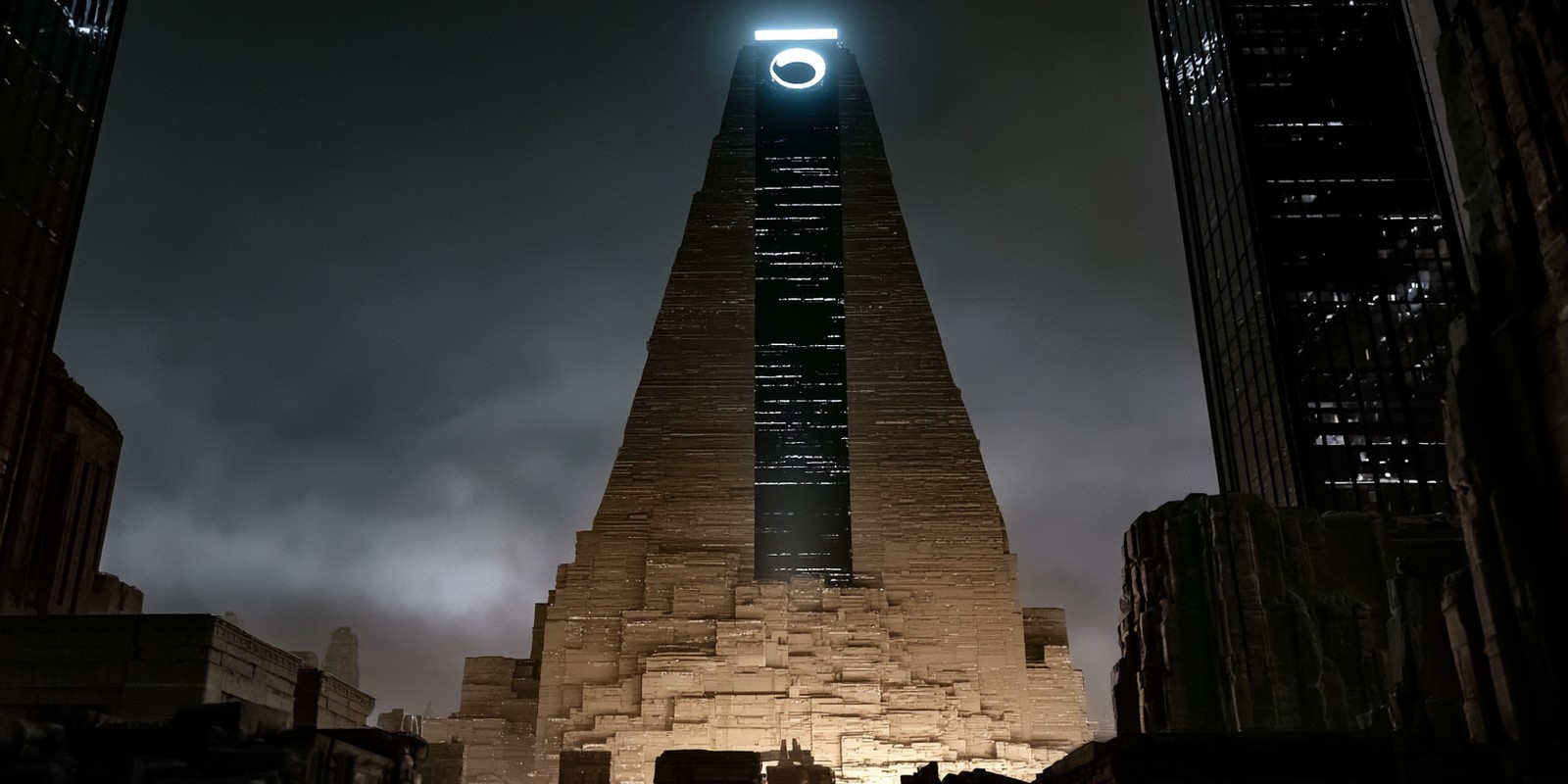 Aztec high rise — Stepped stone pyramid, dark glass spine, lit crown
