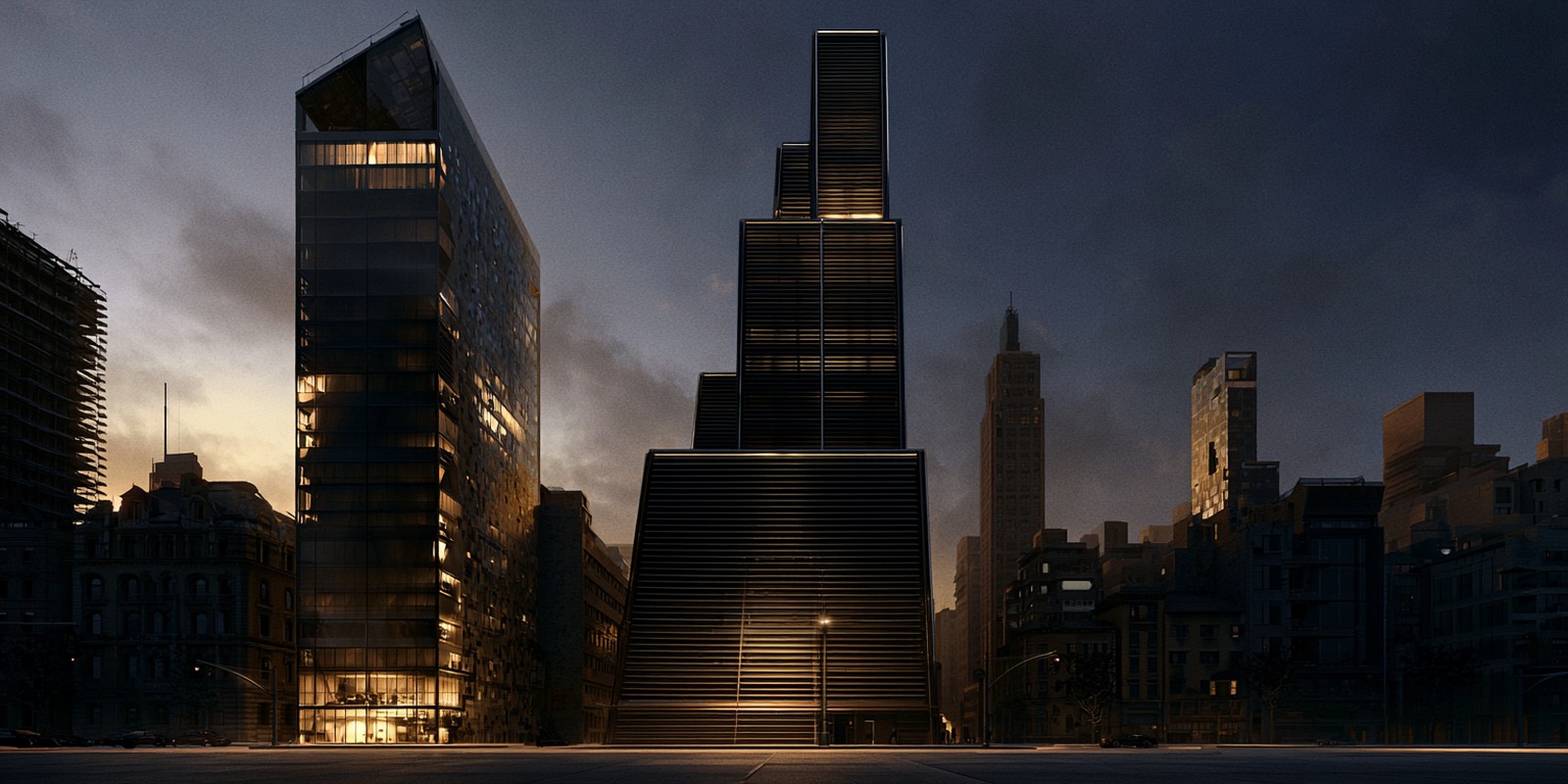 Chicago high rise — Bronze setback tower striped with horizontal louvers